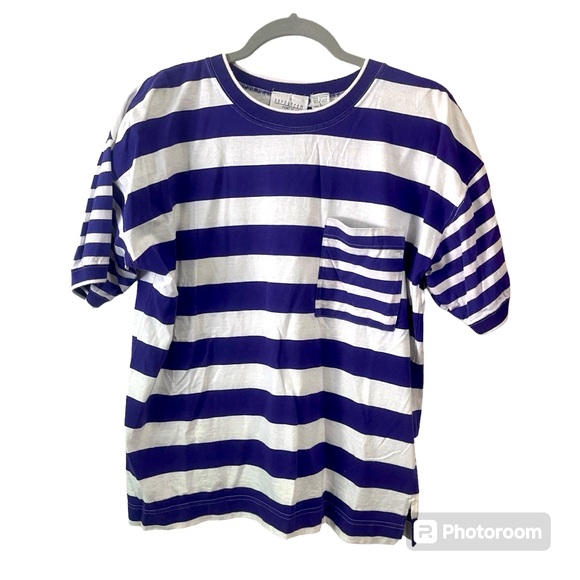 Vintage Nordstrom Point Of View Striped Purple And White T Shirt Size L - Picture 1 of 5